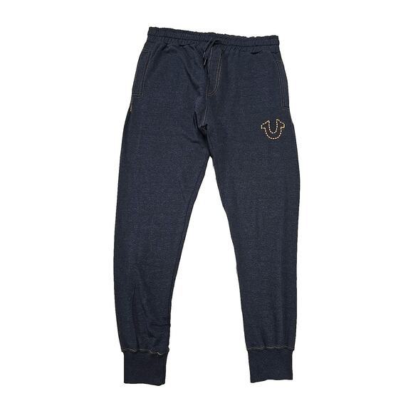 True Religion Mens HS Stich Jogger Pants Sz L Denim Color Loungewear Embroidered - Picture 1 of 9